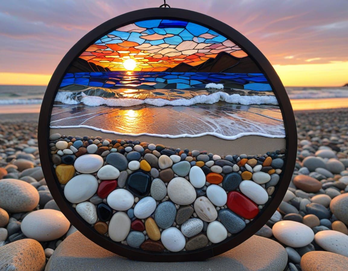 Surreal Sunset Beach Scene in Vibrant Stained Glass Style