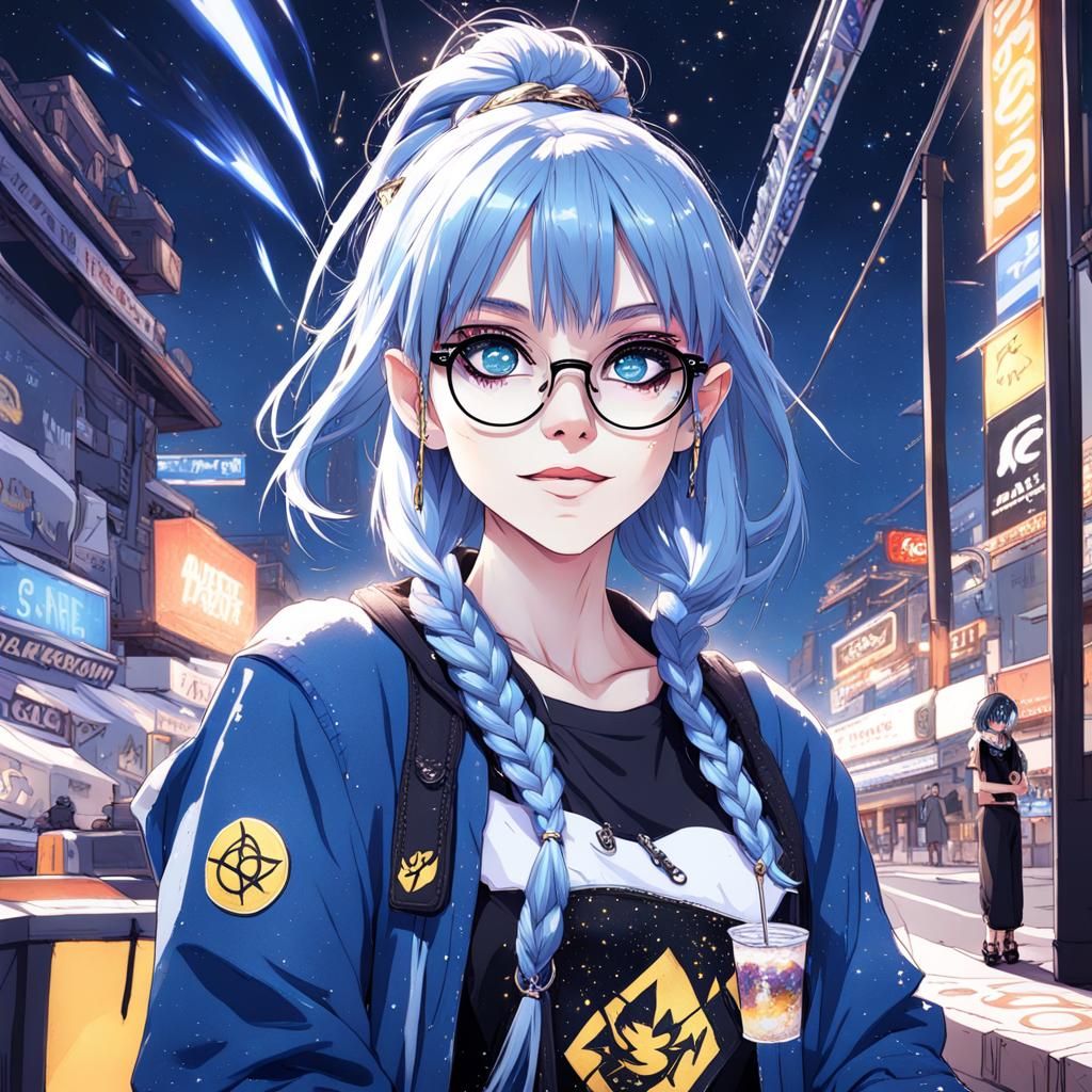 Anime Demon Girl at Car Race with Shooting Stars