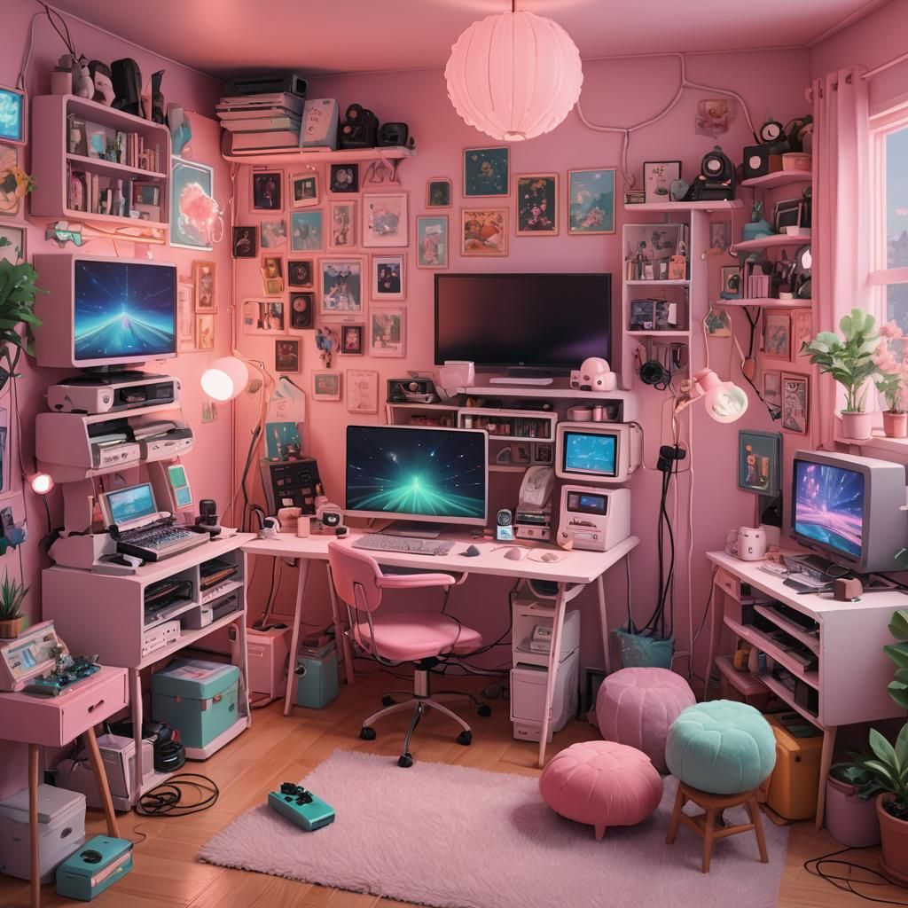 Cute Vintage Gaming Setup in Studio Ghibli Style