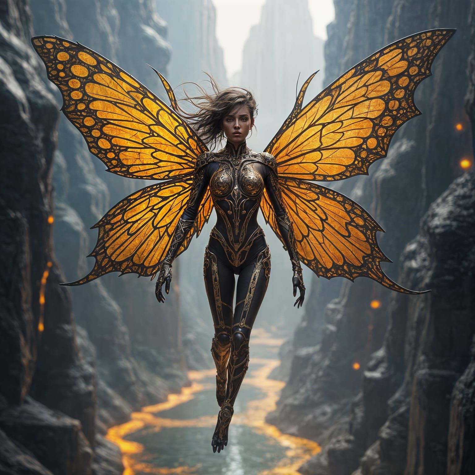 Biomechanical Fairy with Stained Glass Wings in Hyperreal St...