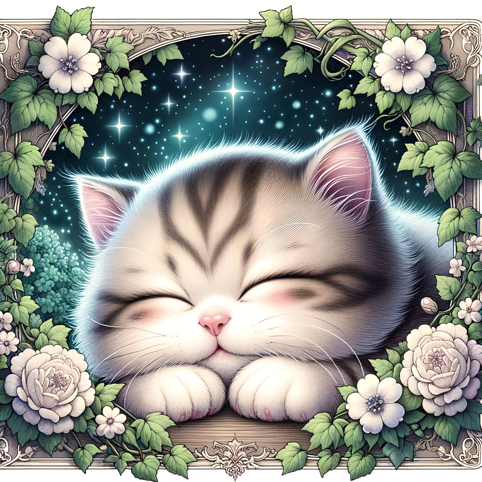 Chibi Kitten Sleeps Under Twinkling Starry Sky