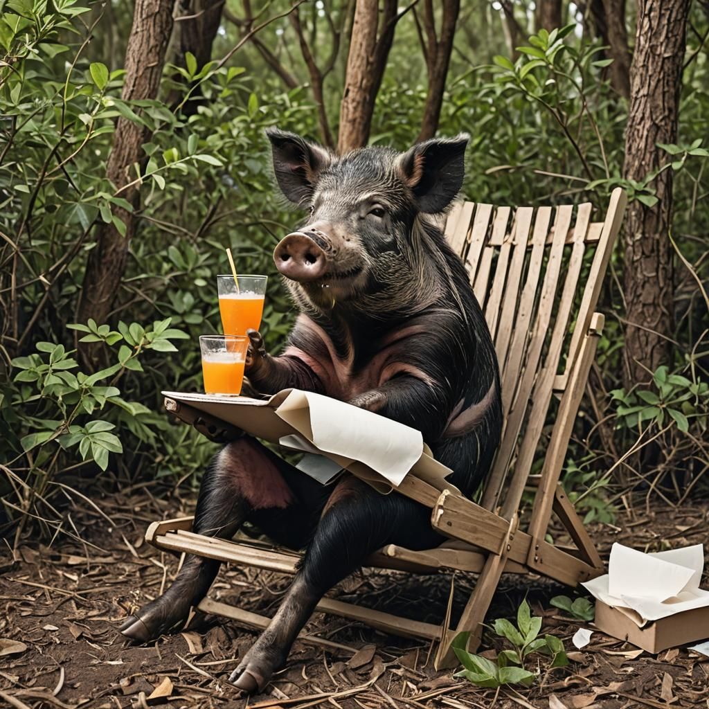 Wild Pig Relaxing in Deck Chair