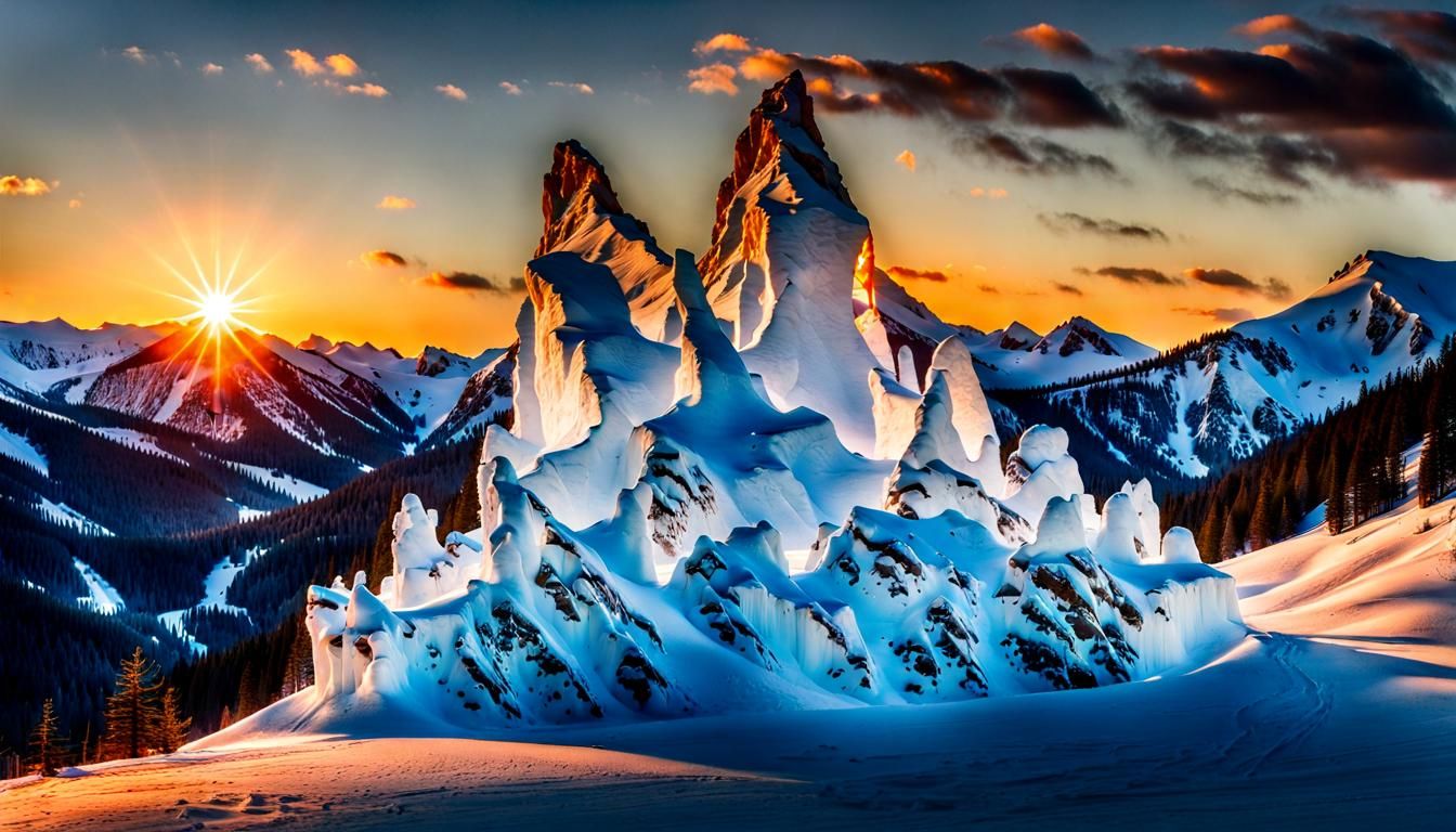 Sunlit Ice Sculpture on Snowy Mountain at Sunset
