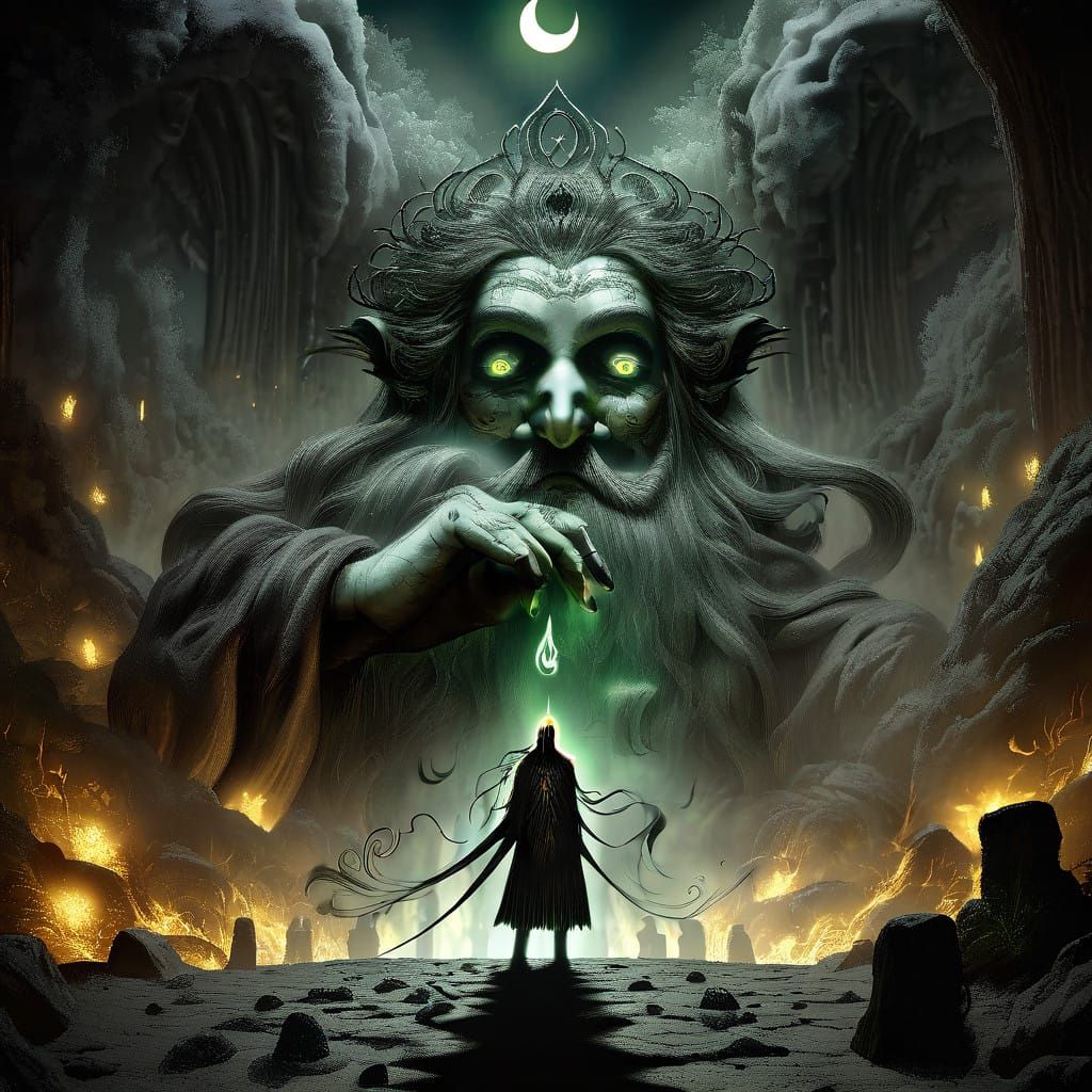 Sorcerer Holds His Severed, Gazing Head, Enshrouded in Mysti...