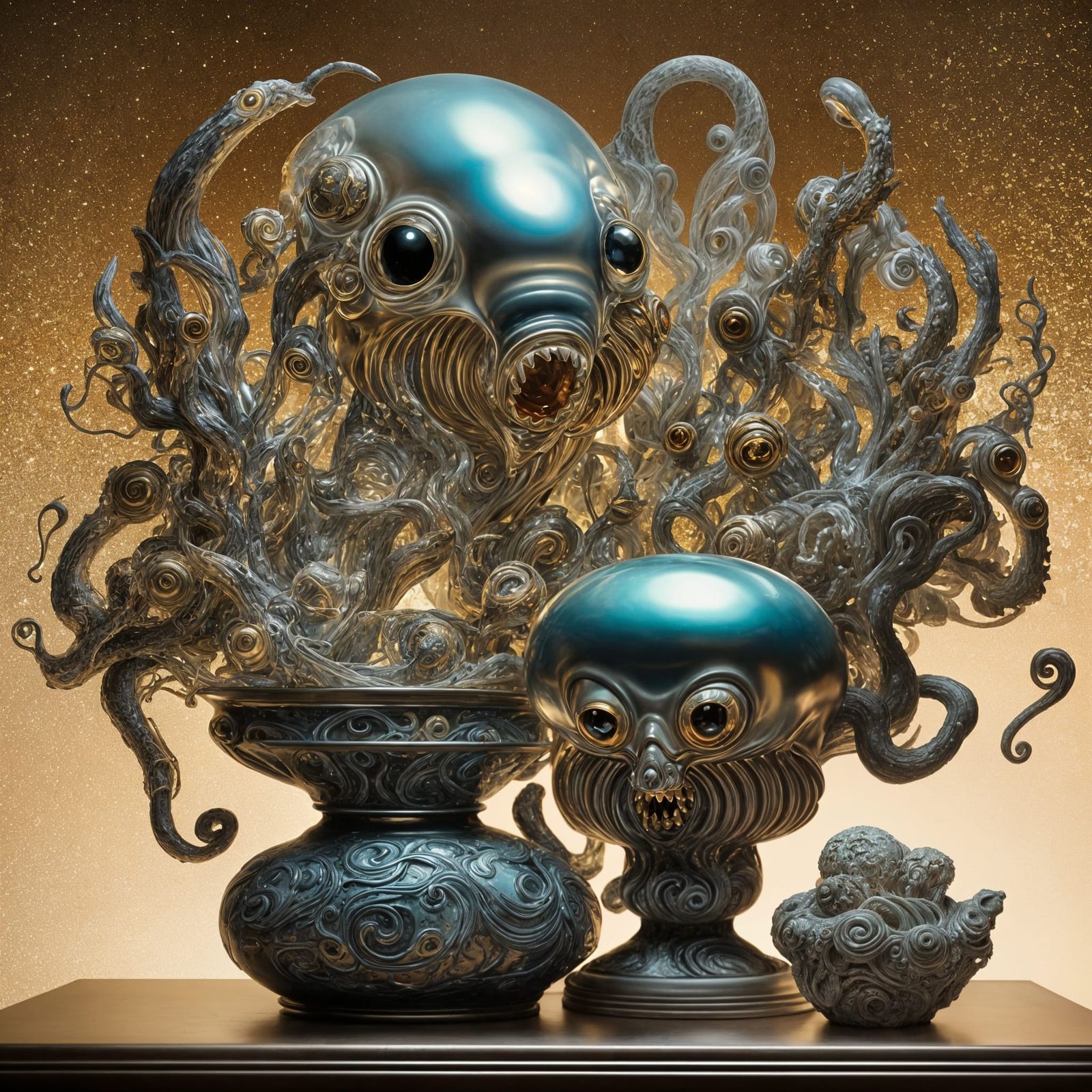 Bizarre Alien Figures on Luminous Frosted Vase