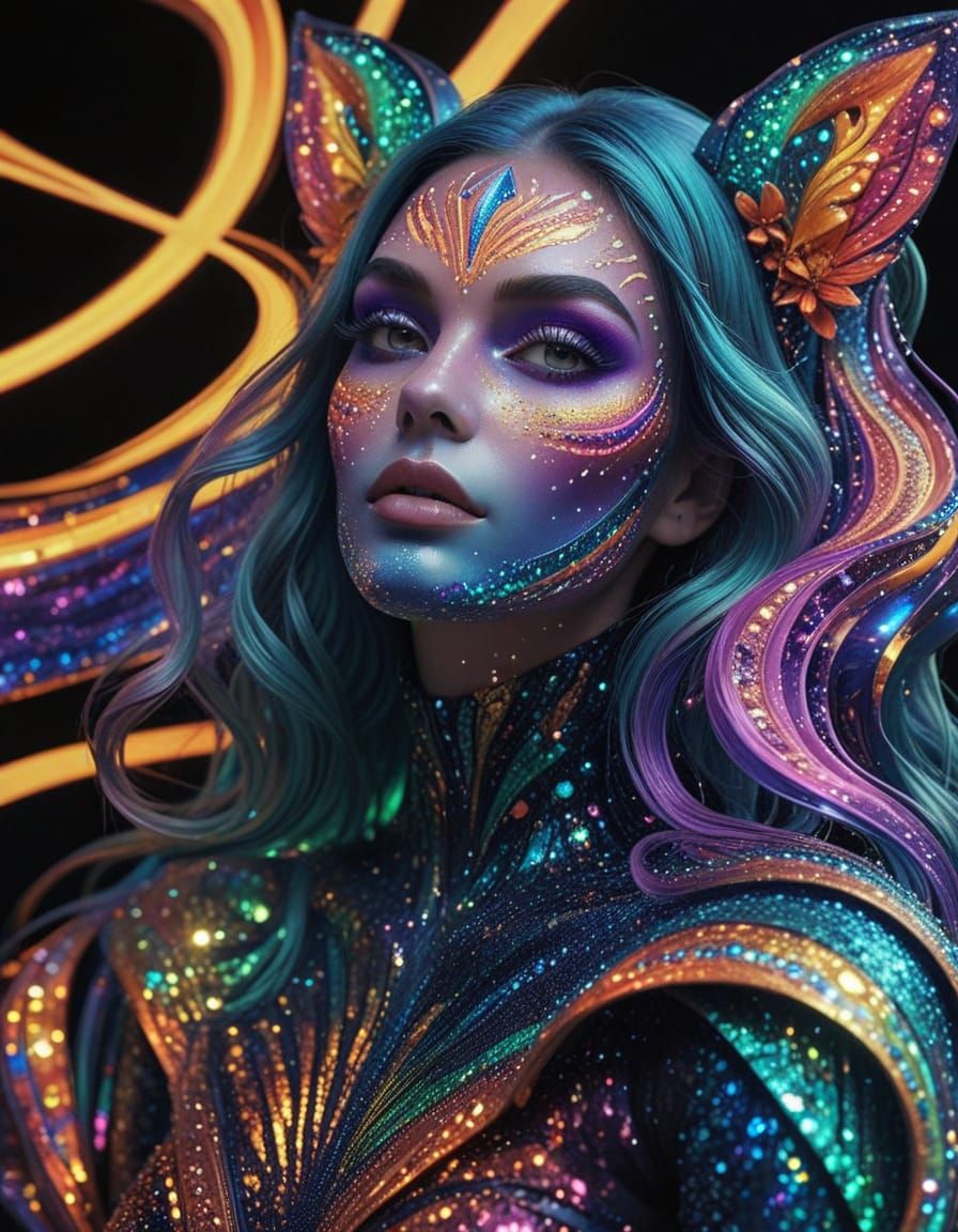 Surrealistic Carnival Portrait in Neon Holographic Style