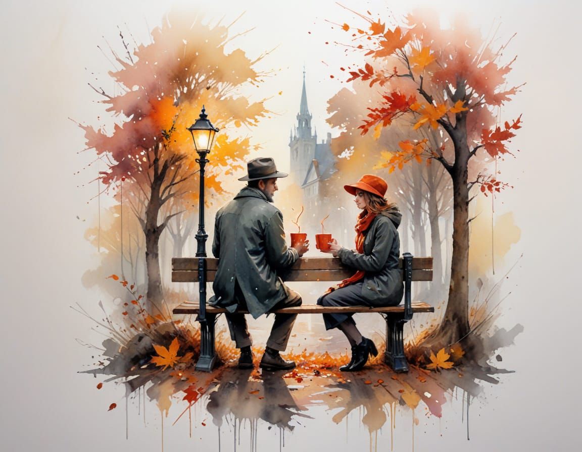 Serene Autumn Conversation on a Bench