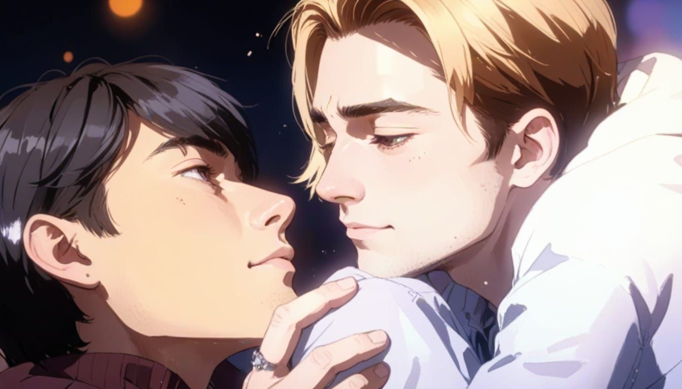 Gay Couple Portrait in Warm Pastel Colors