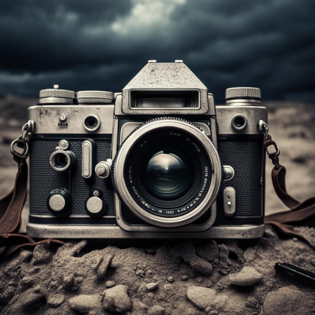 Vintage SLR Camera in Dark, Moody Wasteland