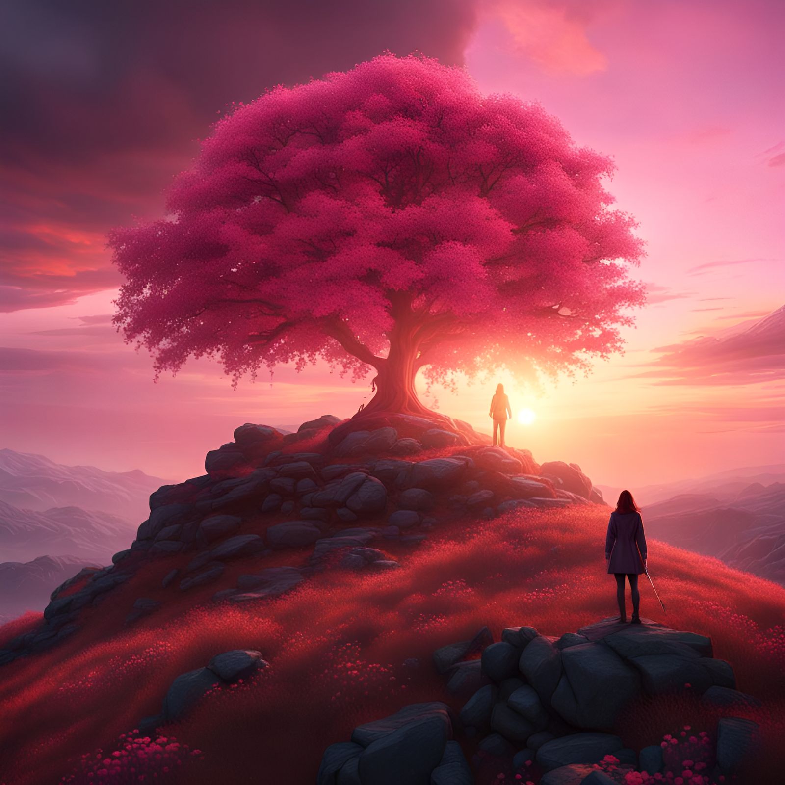 Sunset Silhouette Under Pink Tree: Fantasy Concept Art