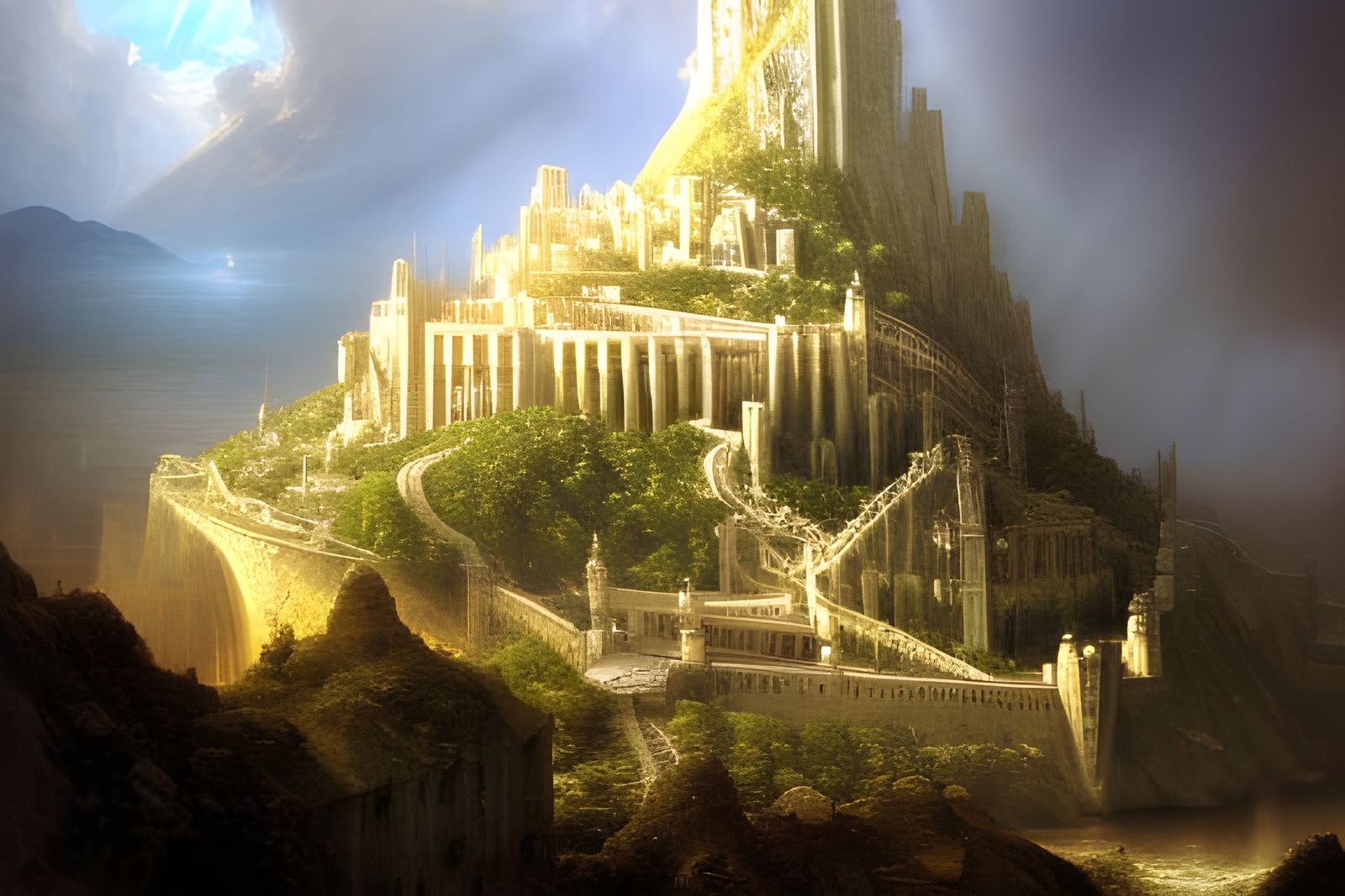Hyperdetailed Minas Tirith Painting with Volumetric Lighting