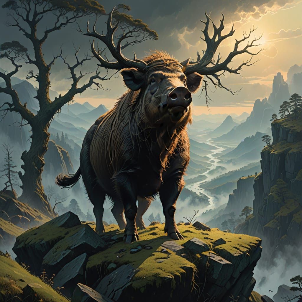 Wild Boar Illuminated in Ethereal Landscape