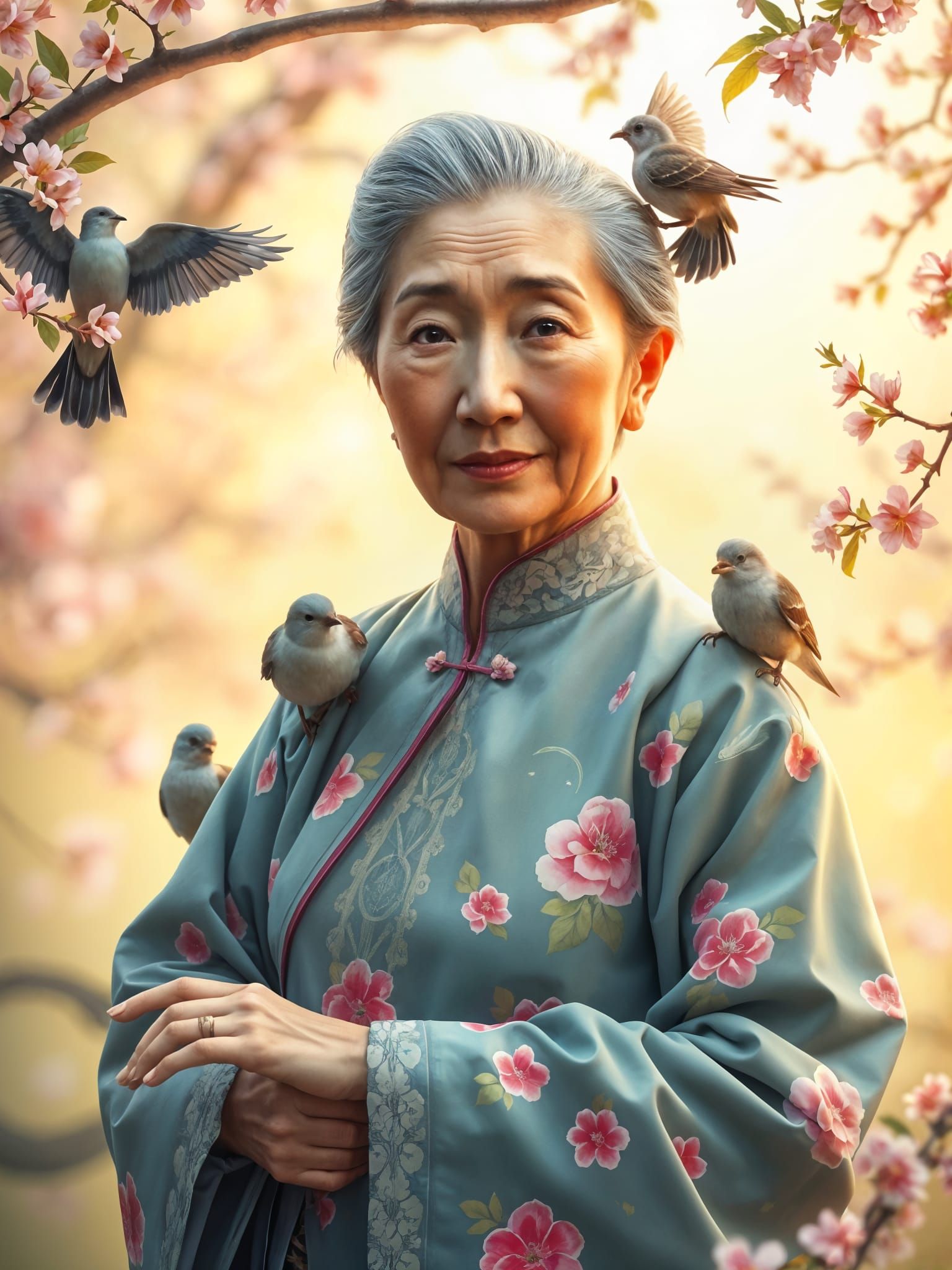 Watercolor Portrait: Asian Woman with Woodland Birds