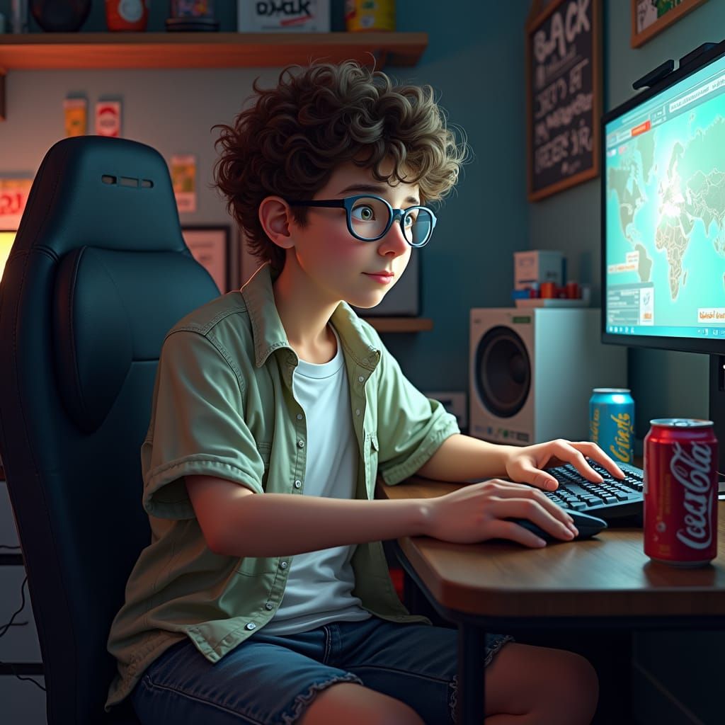 Hyper-Realistic Portrait of Focused Teen Gamer in Cluttered ...
