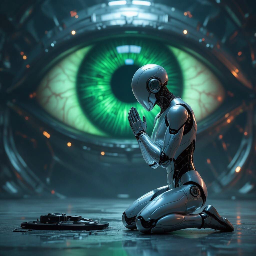 Cyborg Kneeling in Prayer with Glowing Eye