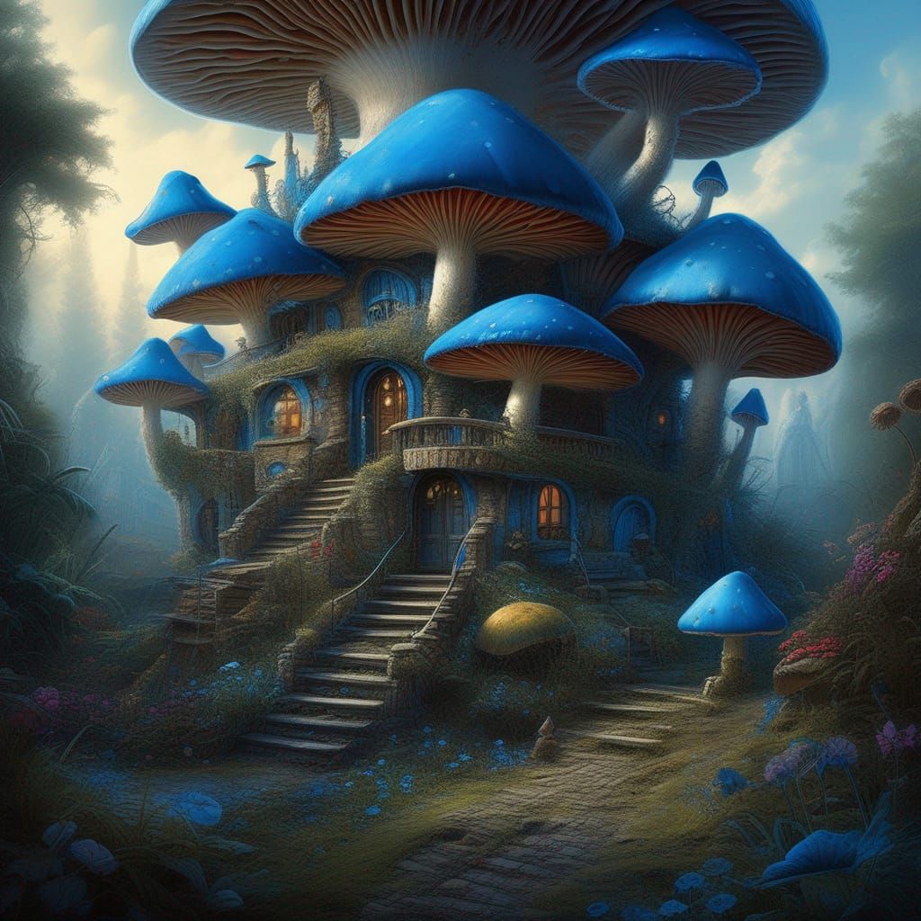 Blue Mushroom Mansion in Fungal Wonderland