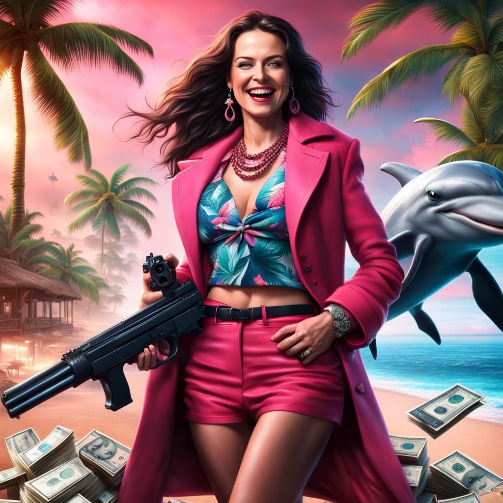 Female Criminal on Tropical Beach with Dolphin