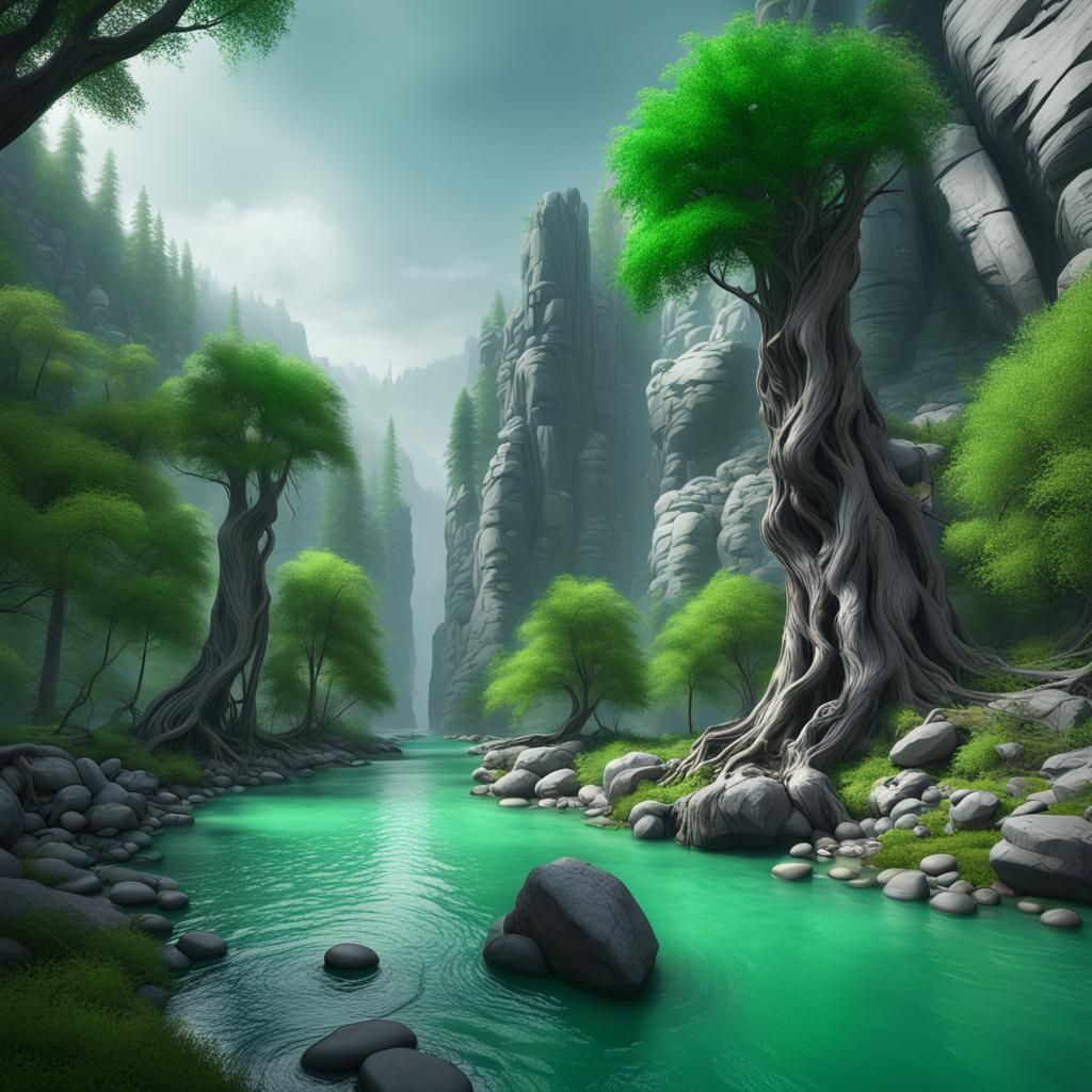 Emerald River Between Cliffs Digital Splash Art