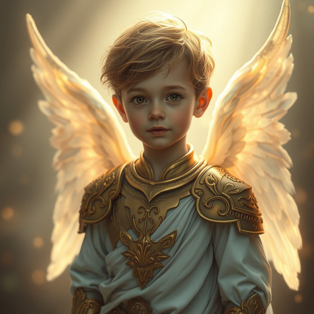 Angelic Boy in Golden Armor with Silver Wings