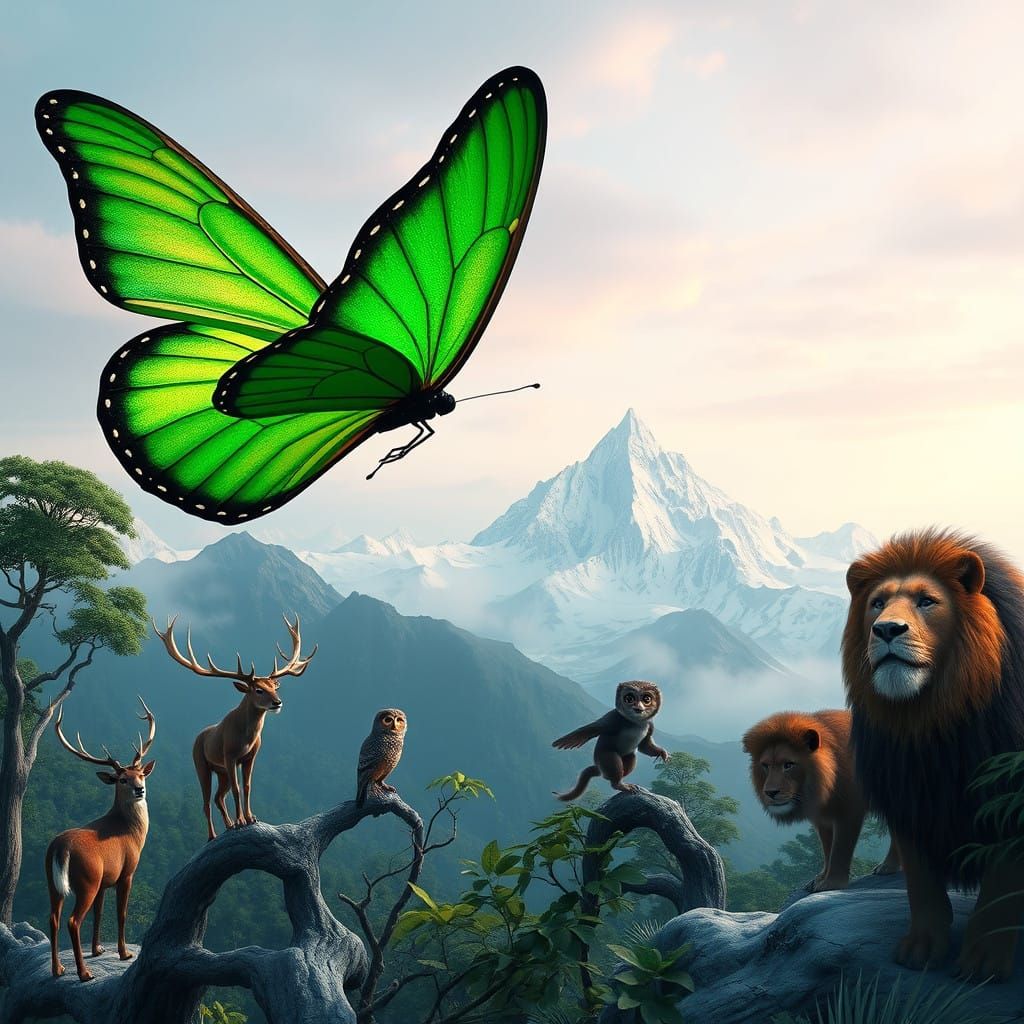 Majestic Butterfly Soars Over Snow-Capped Mountains in Fanta...