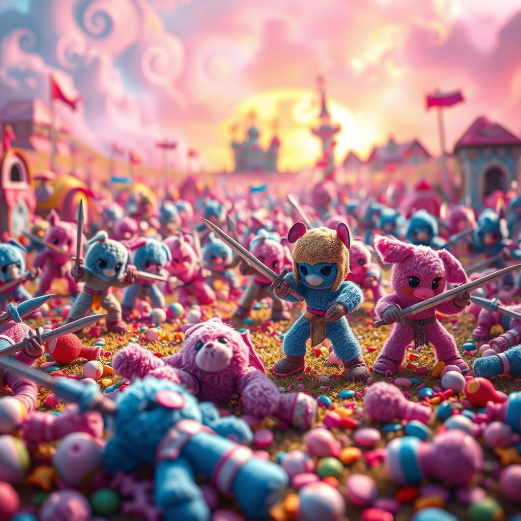 Whimsical Plushie Warriors Clash in Vibrant Candyland