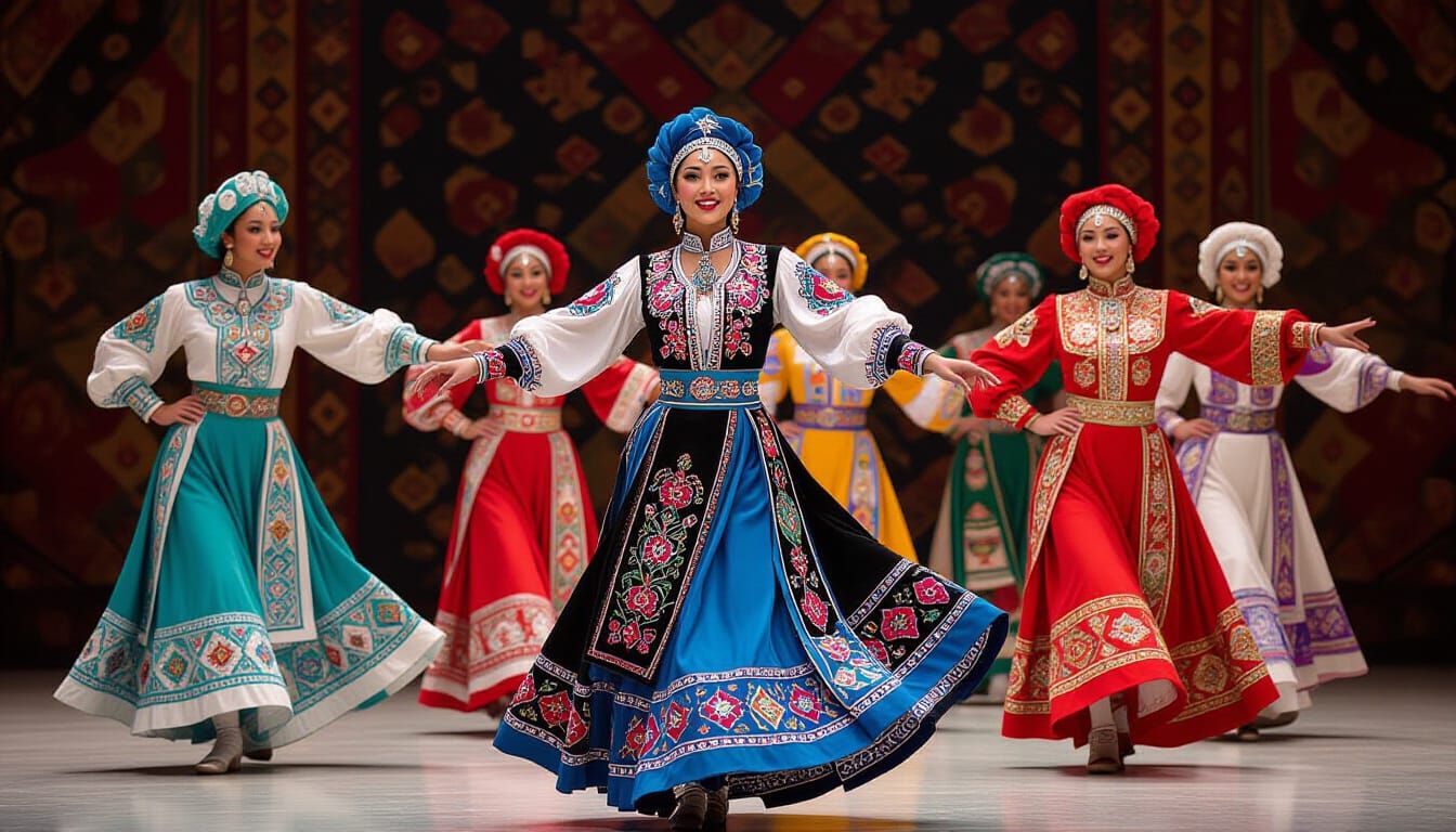 Kazakh Dancers in Traditional Dress, Folk Art Style