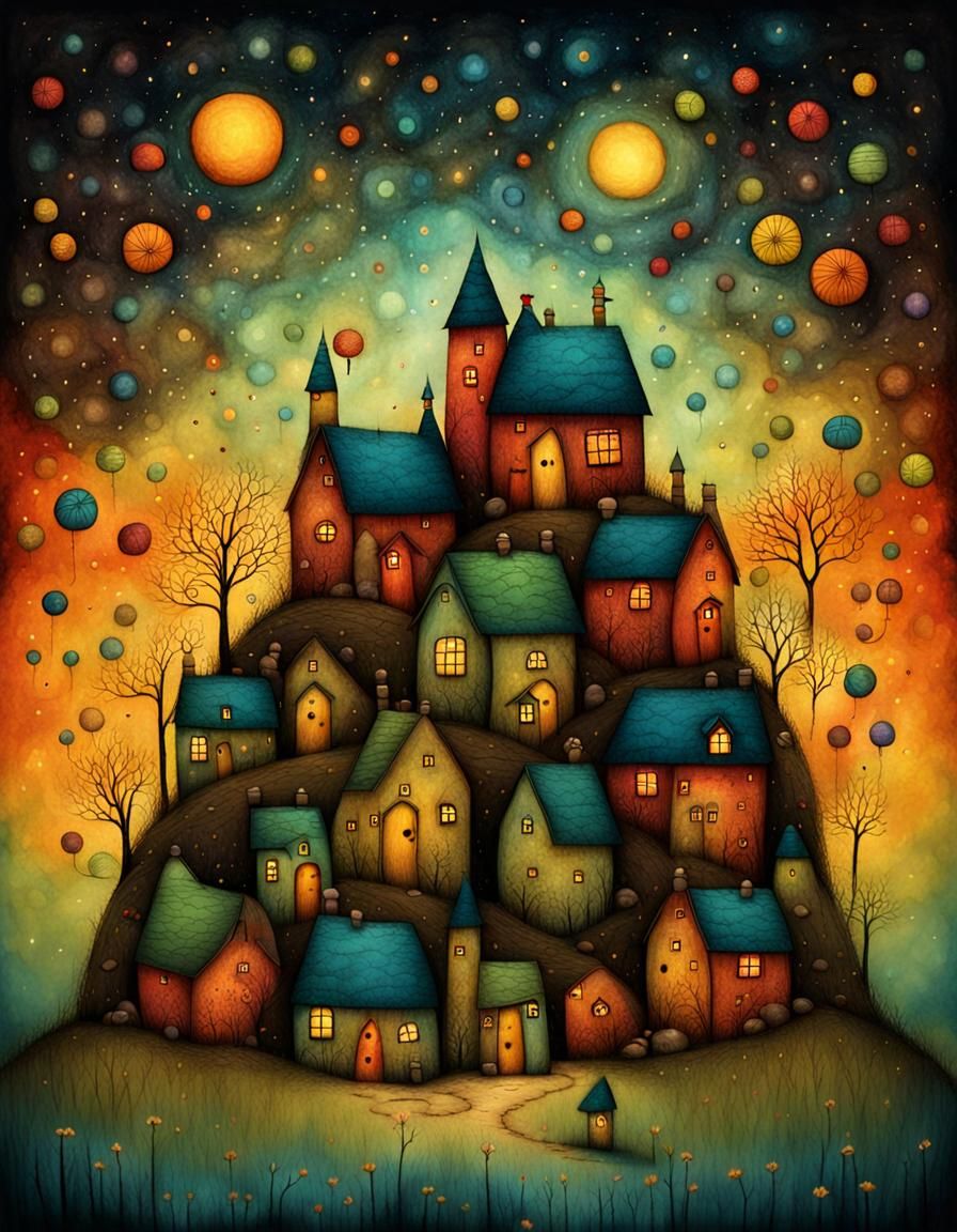 Whimsical Summer Village Folk Art Illustration
