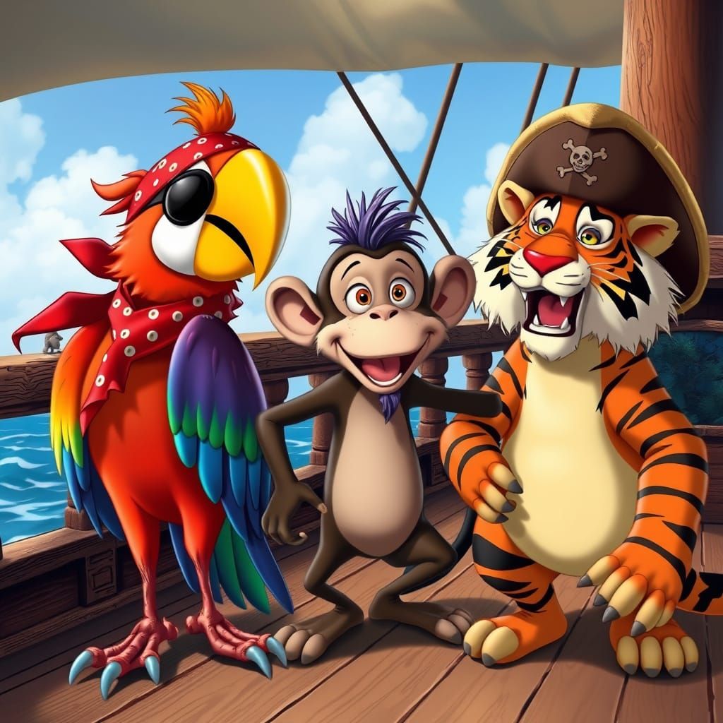 Pirate Animals on Deck in Animated Style