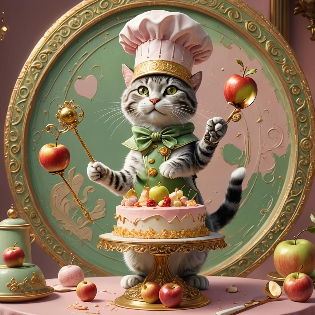 Whimsical Chef Cat with Magic Wand, Fantasy Art