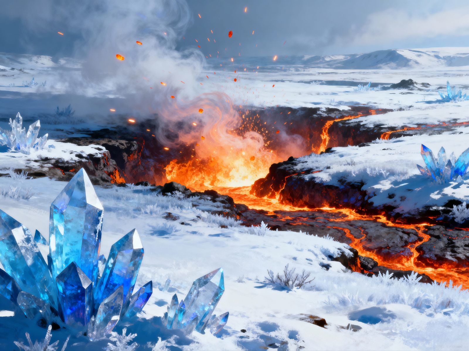 Frost and Fire Tundra Landscape with Glowing Fissures