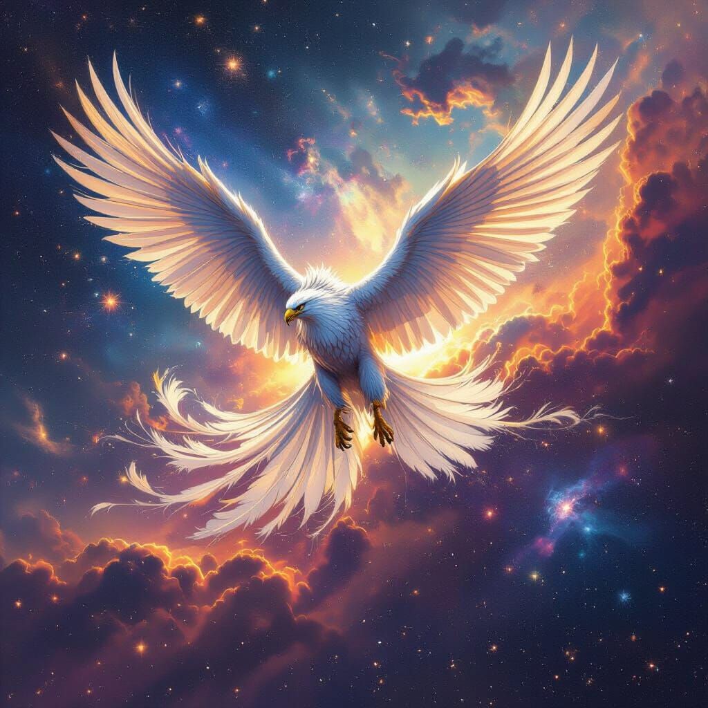 Griffin Soaring Through Nebula in Hyperrealistic Style