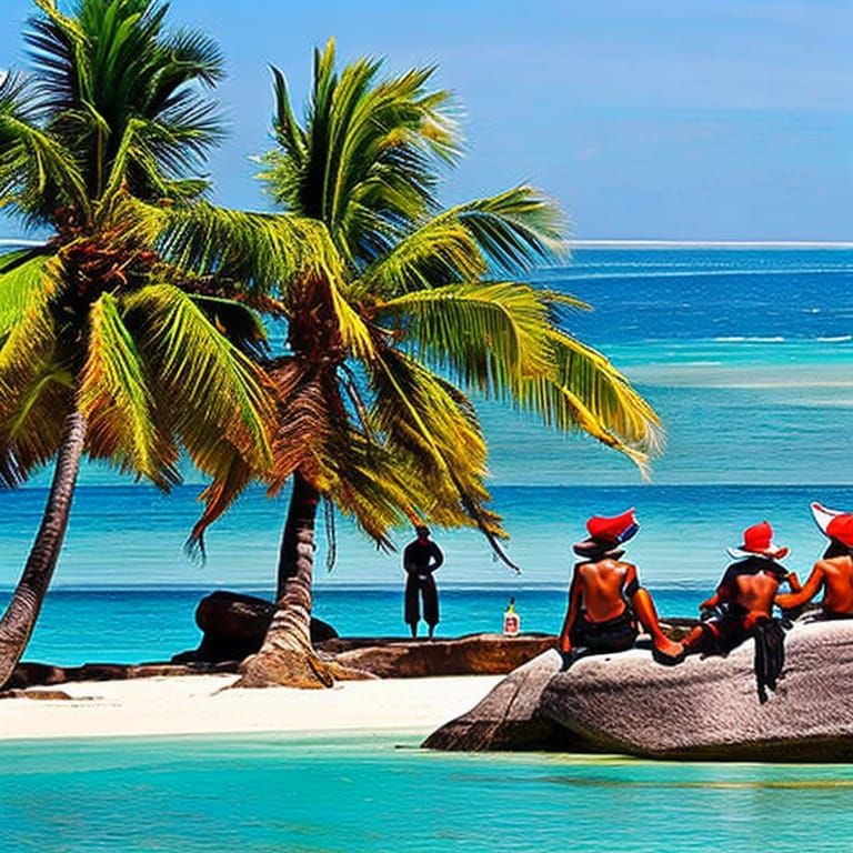 Pirates' Rum-Fueled Strategy Session on Tropical Beach