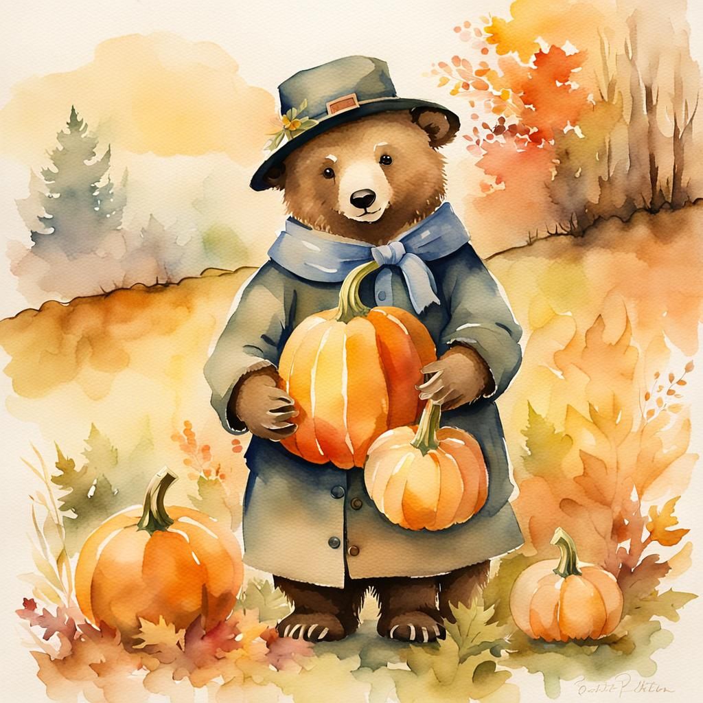 Paddington Bear Pilgrim in Autumn Watercolor