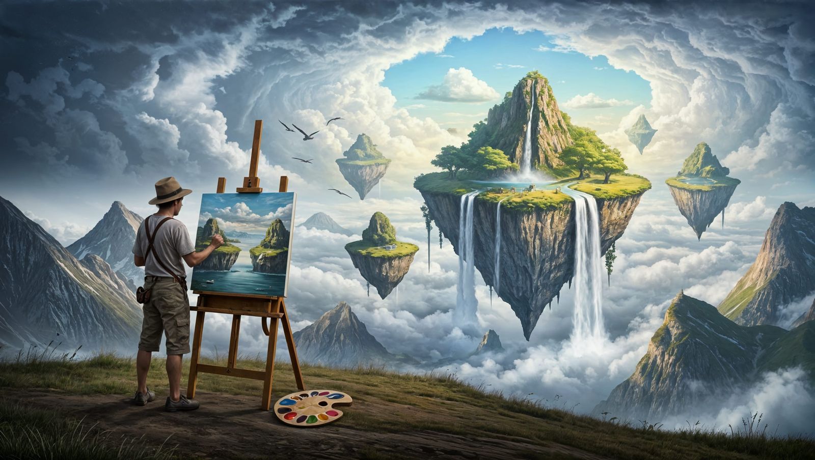 Surreal Digital Painting of Floating Isles Emerging from Can...