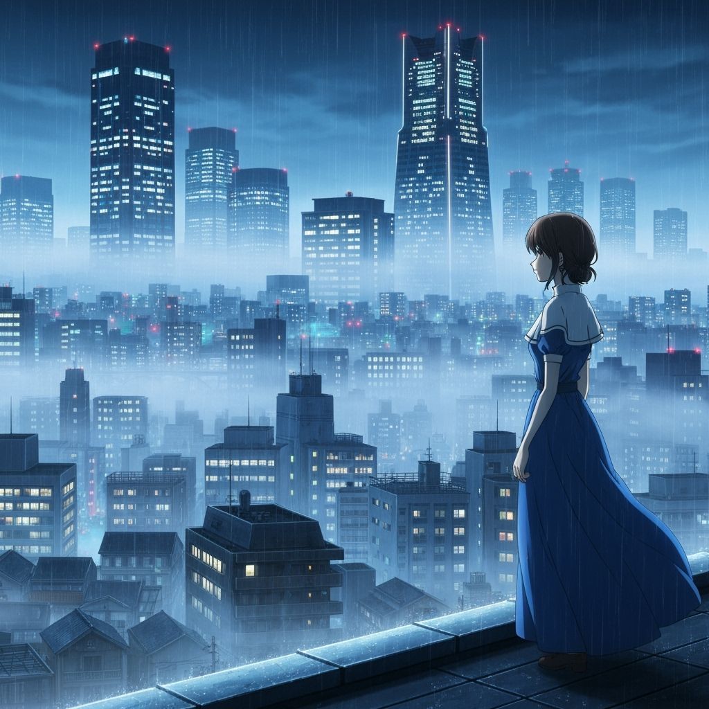 Anime Woman Gazing at Rainy Cityscape