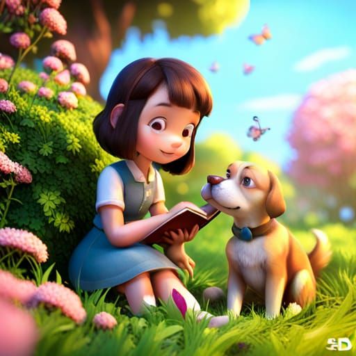 Girl Reading in Flower Garden, 3D Digital Art