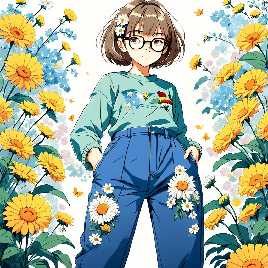 80s Anime Style Woman with Glasses and Flowers