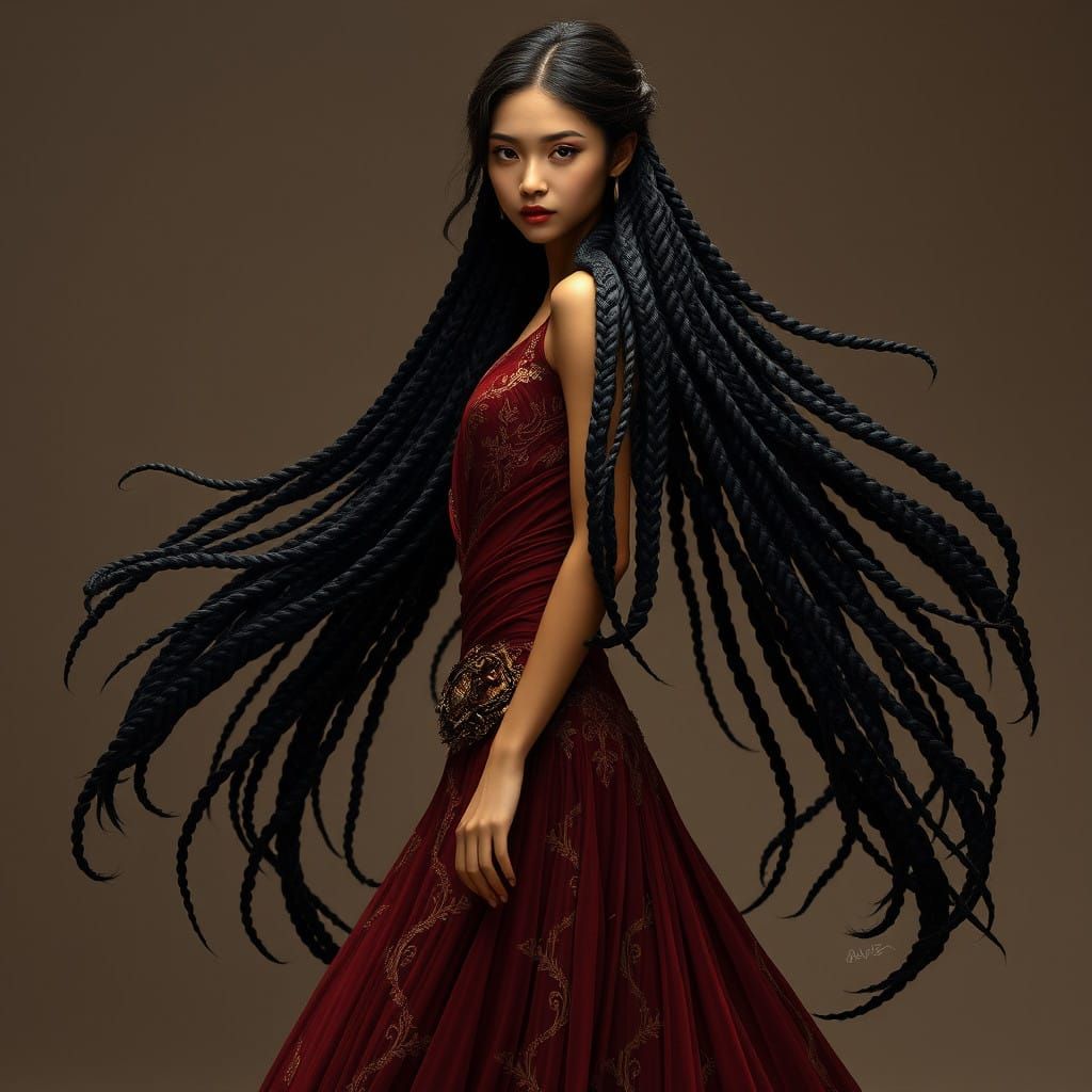 Elegant Asian Woman in Majestic Hair-Braided Gown