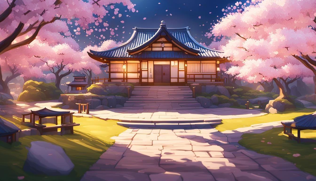 Japanese Building in Cherry Blossom Garden: 2D Game Art