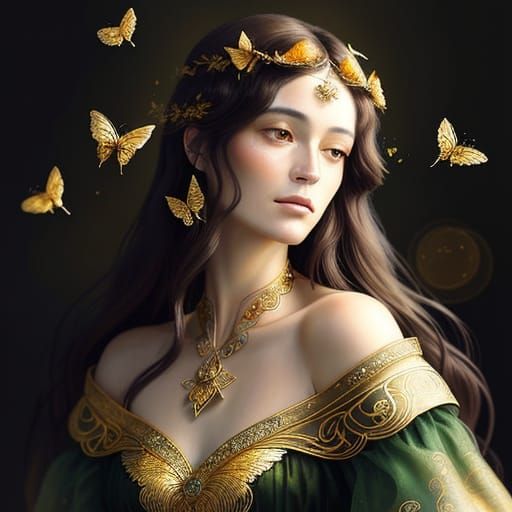 Dreamy Art Nouveau Portrait with Golden Butterflies