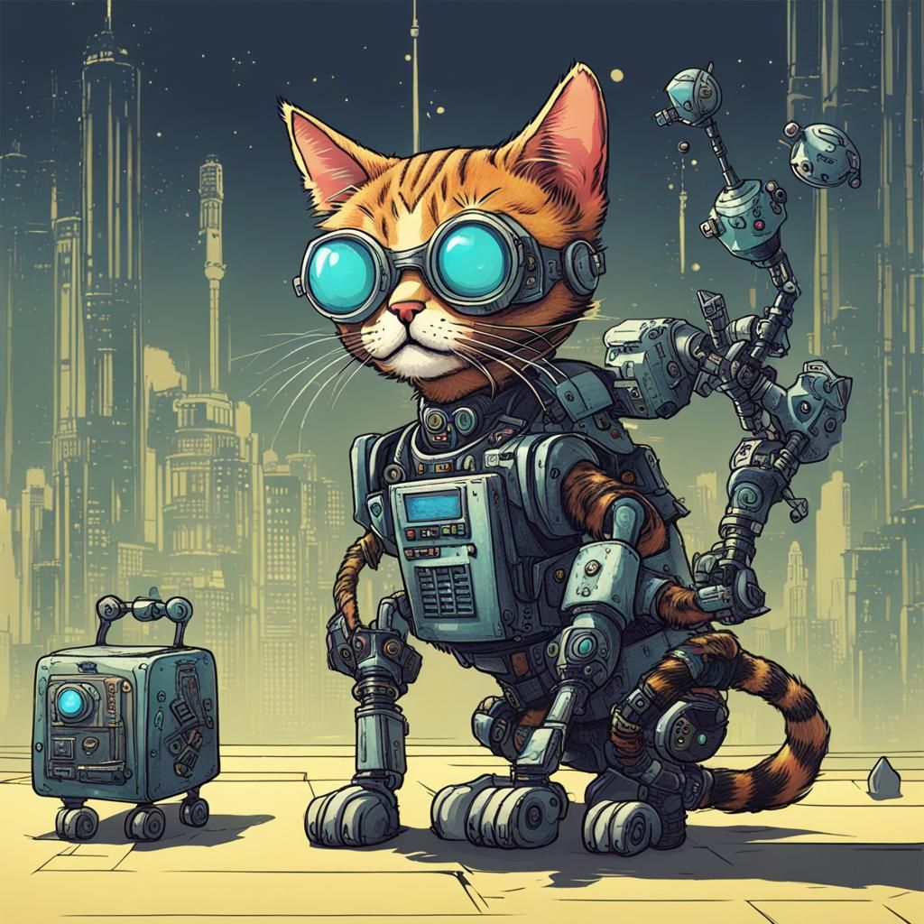 Aetherpunk Cat with Robot Legs