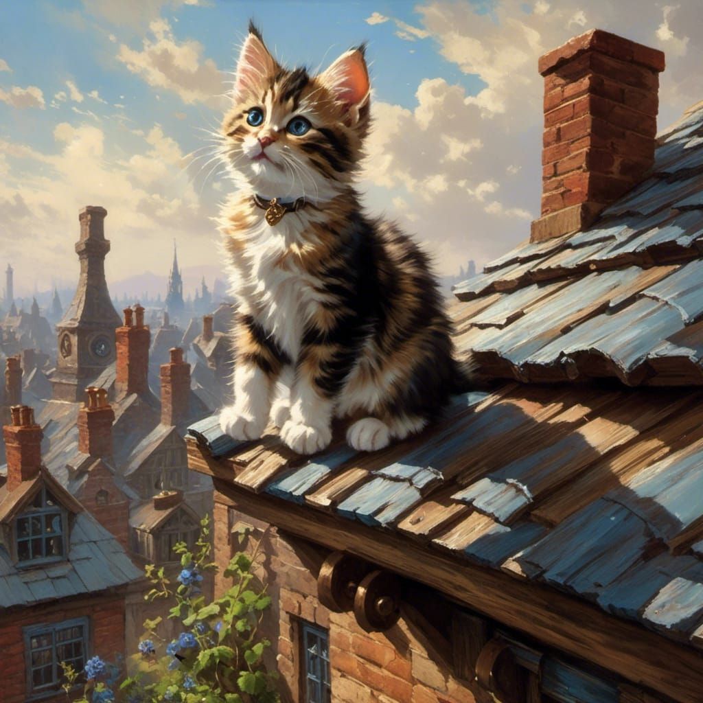 Kitten Leaps Across Victorian London Roof