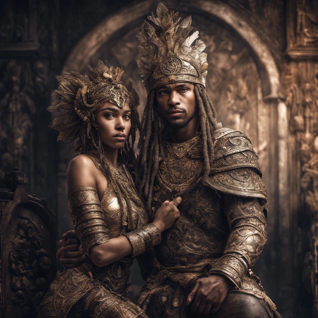 Warrior King and Queen Embrace: Hyperrealistic Portrait