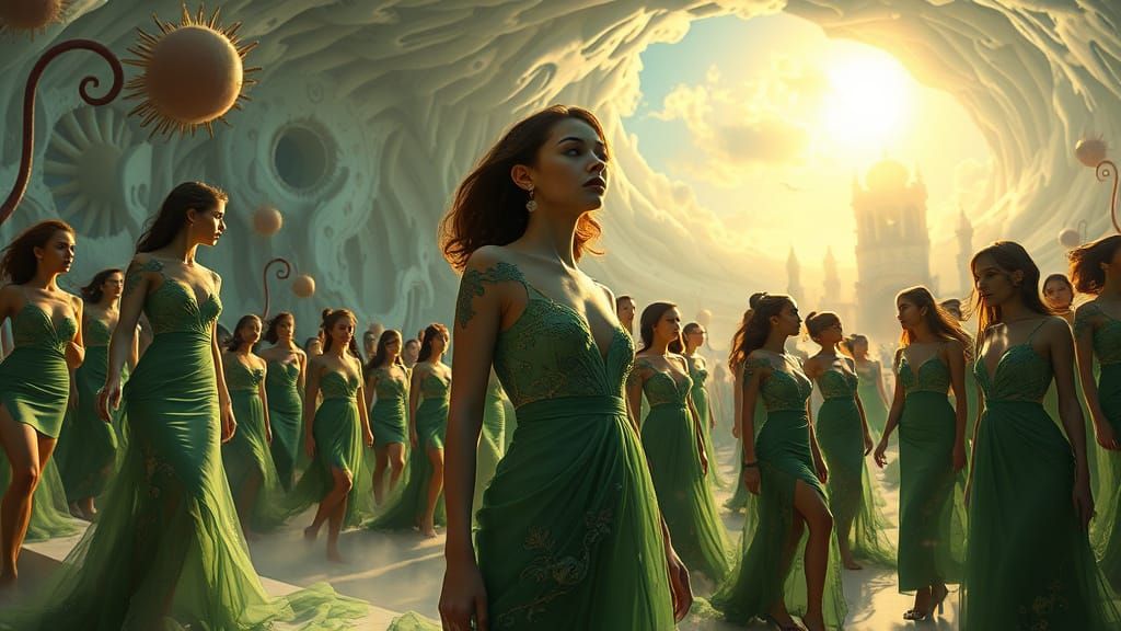 Giant Glamour Women in Surreal Escher Landscape