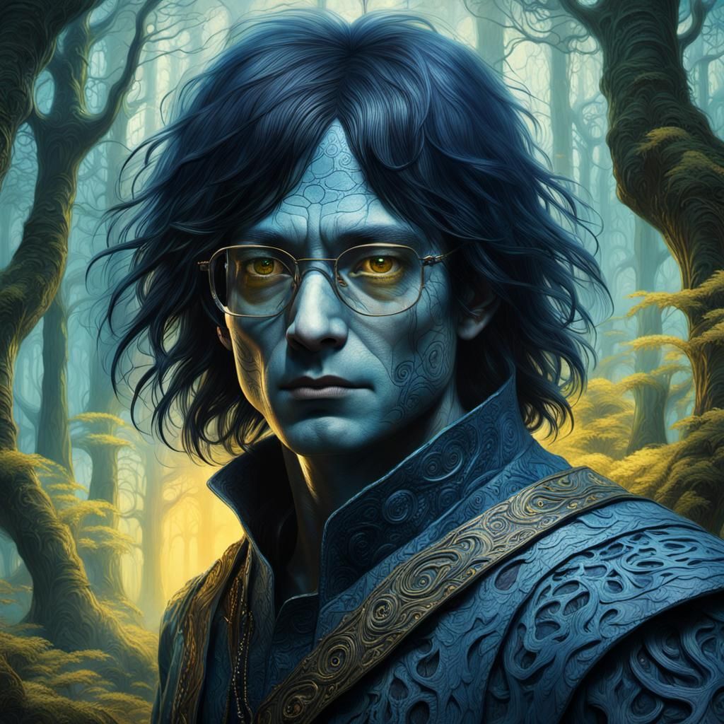 Blue-Skinned Inspector in Mystical Forest, Fantasy Art