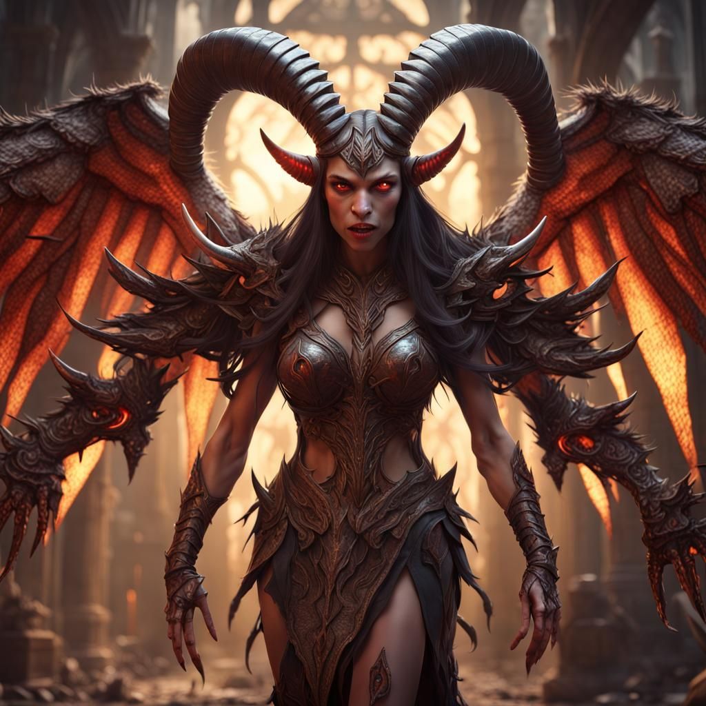 Alluring Armored Demon with Goat Features in Digital Art