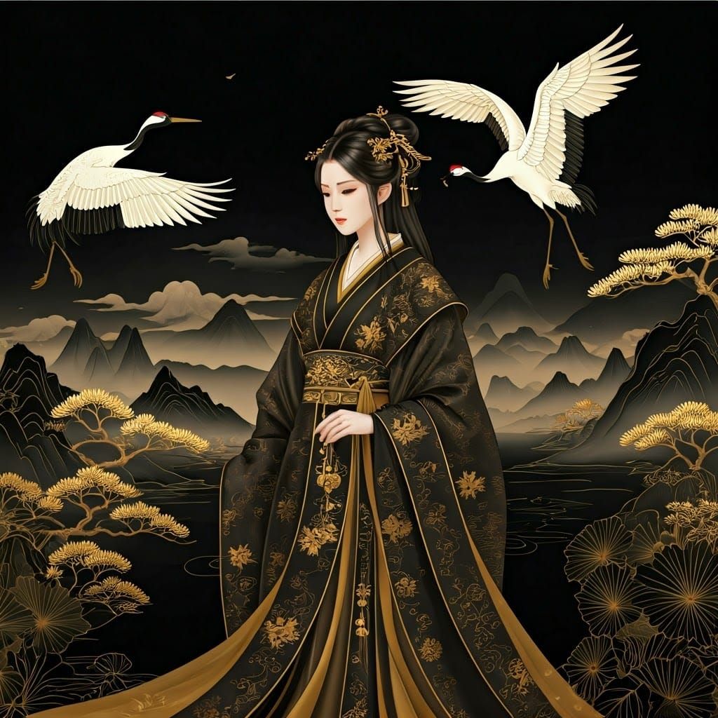 Beautiful Asian Princess and Cranes
