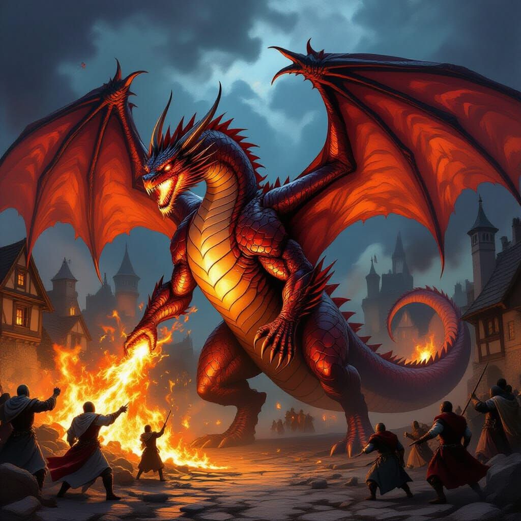 Wingless Dragon Devastating Village in Michelangelo Style