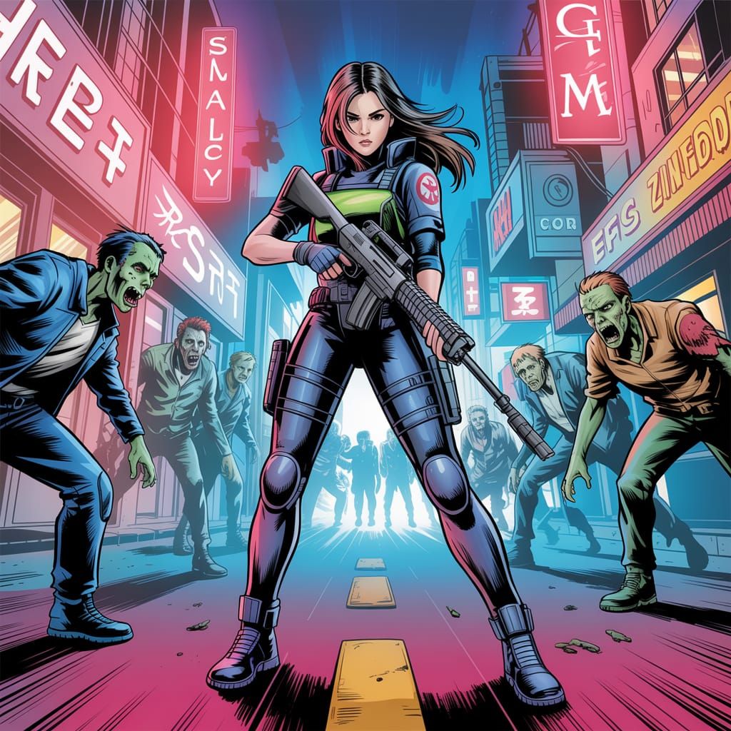 Cyberpunk Warrior Fights Zombies in Neon City