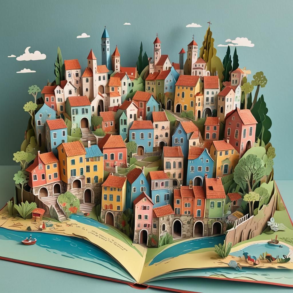 Whimsical 3D Seaside Italian Village Paper Art